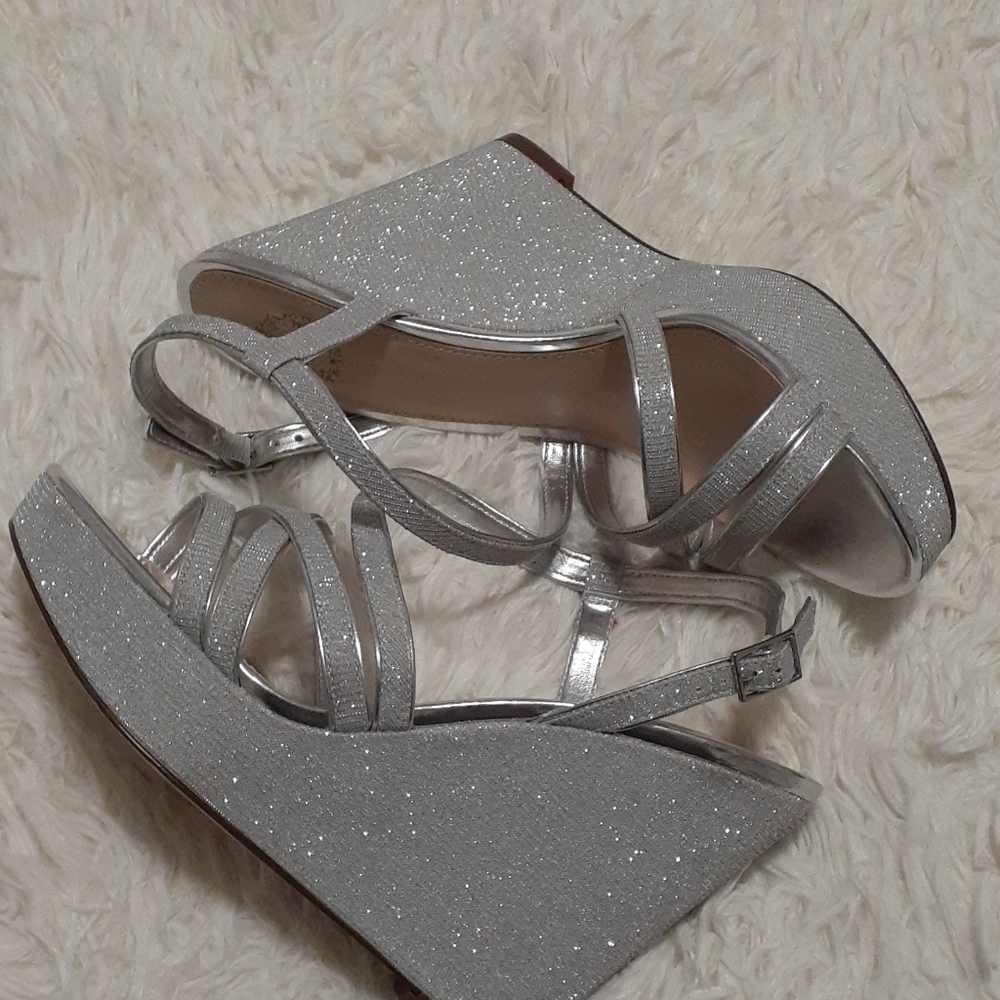 True silver wedge heels